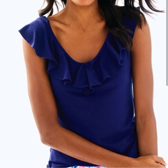Lilly Pulitzer Tops - Lilly Pulitzer Aleesa Ruffle True Navy Blue Top Size L